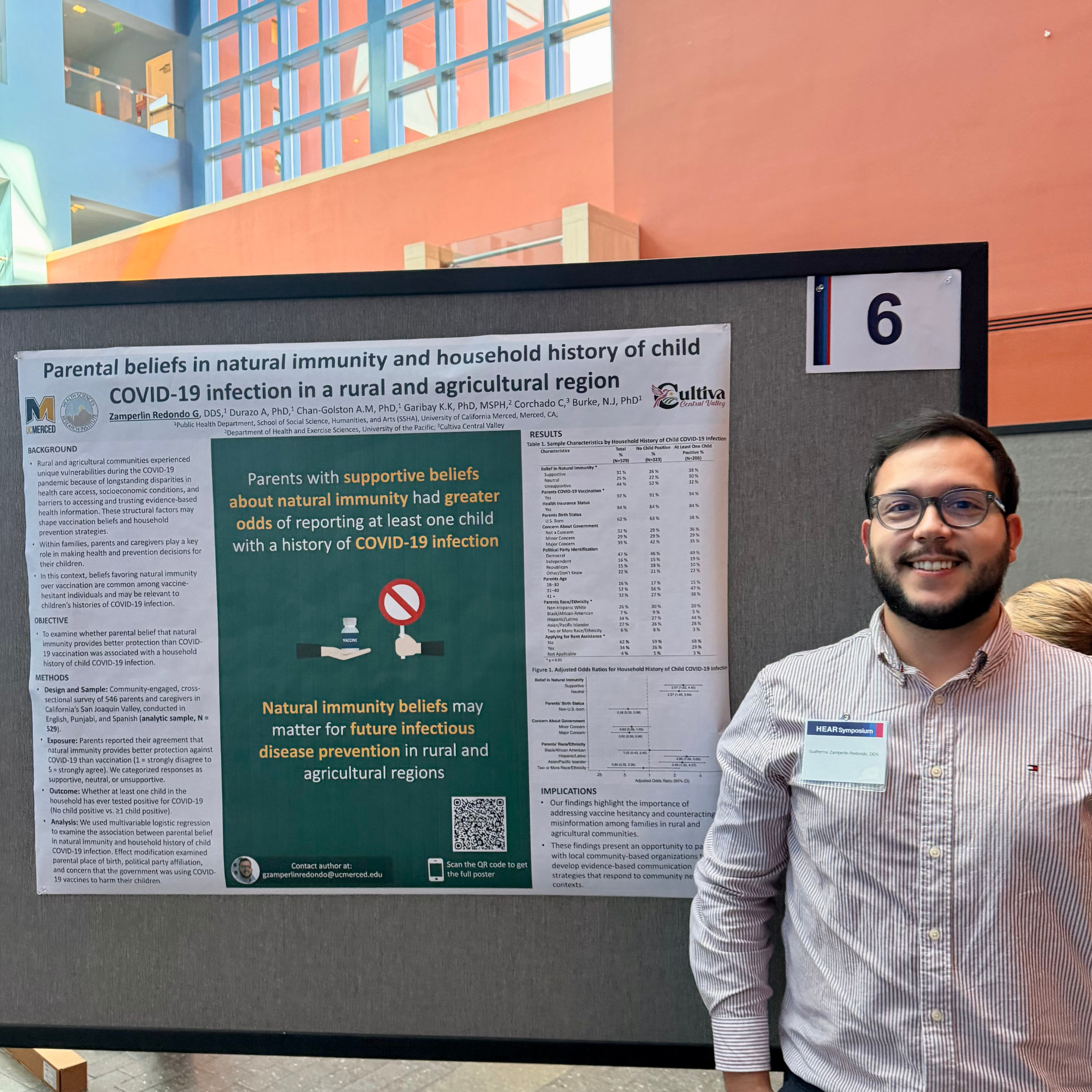 grad student Guilherme Redondo in front of poster presentation