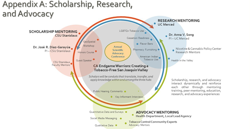 Diagram depicts scholarship, research and advocacy.