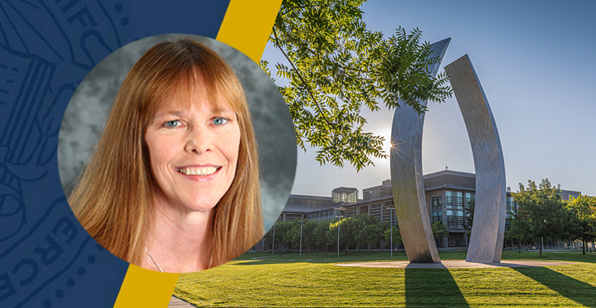 Professor Linda Cameron is seen in a composite image with the Beginnings sculpture.