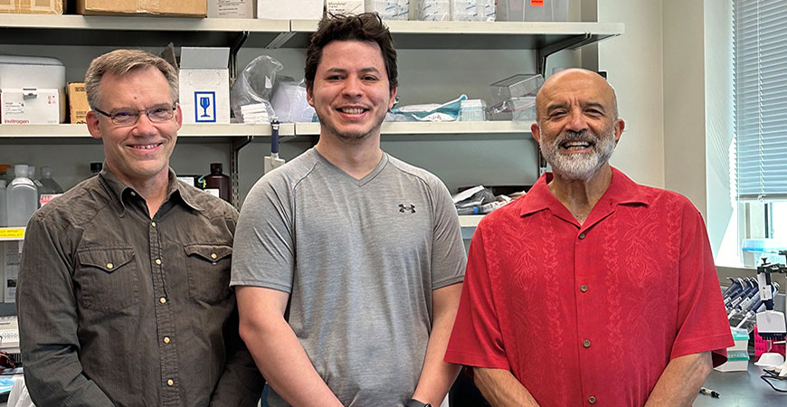 From left, Professor Fred Wolf, Sammy Villa and Vishva Dixit in the lab.